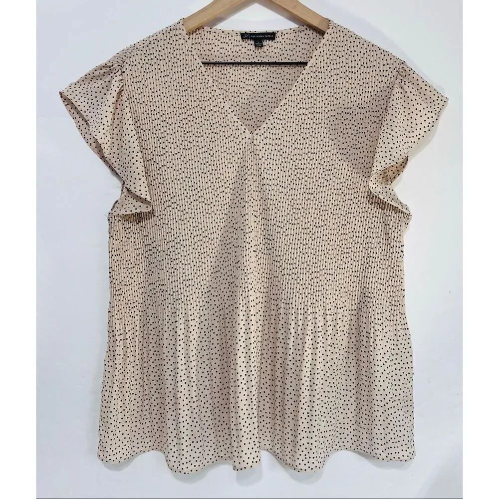 Adrianna Papell Tan With Black Polka Dots Blouse Size L
